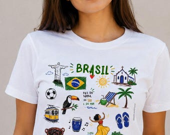 Brazil Doodle Graphic Tee, Colorful Brasil Icons Unisex T Shirt, Toucan Christ Redeemer Samba Cotton Top, Brazilian Culture Tshirt Gift