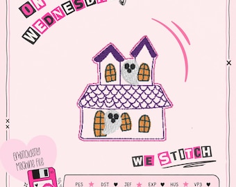 May include: A pink digital download graphic with a haunted house design. The house is white with a purple roof and orange windows. Two ghosts are in the windows. Text includes "ON WEDNESDAY" and "WE STITCH". A pink floppy disk with a kiss graphic is also included.