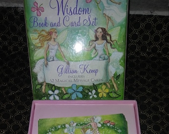 May include: A pink box with a book and a deck of cards inside. The book is titled "Faerie Wisdom" and the card deck is titled "Wisdom Book and Card Set". Both items feature illustrations of fairies and flowers.