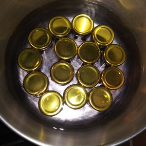 May include: A close-up shot of a stainless steel pot filled with water and several golden-colored jar lids. The lids are arranged in a circular pattern, suggesting they are being sterilized or prepared for canning.