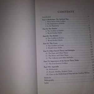 May include: A book titled "The Goddess in Every Woman" with a table of contents listing the different chapters and page numbers.