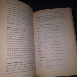 May include: A book page with a list of flowers, trees, and herbs and their magical correspondences. The list includes plants like Aloe, Apple, Bay, and Clover, with descriptions of their magical properties, such as protection, love, and fertility.