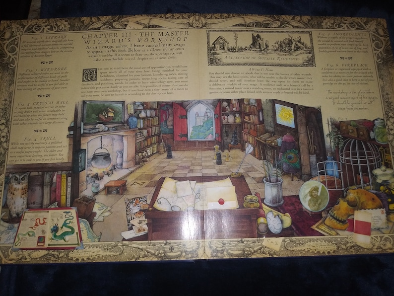 May include: Illustration of a wizard's workshop in an open book. The detailed interior includes bookshelves, a fireplace, and magical items. Text reads "Chapter III: The Master Wizard's Workshop".