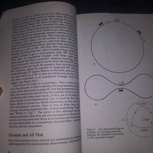 May include: A diagram illustrating the concept of a two-dimensional universe. The diagram shows a bubble with two bugs traveling around it, a bubble with two bugs traveling through a connected space, and a triangle with three 90-degree angles.