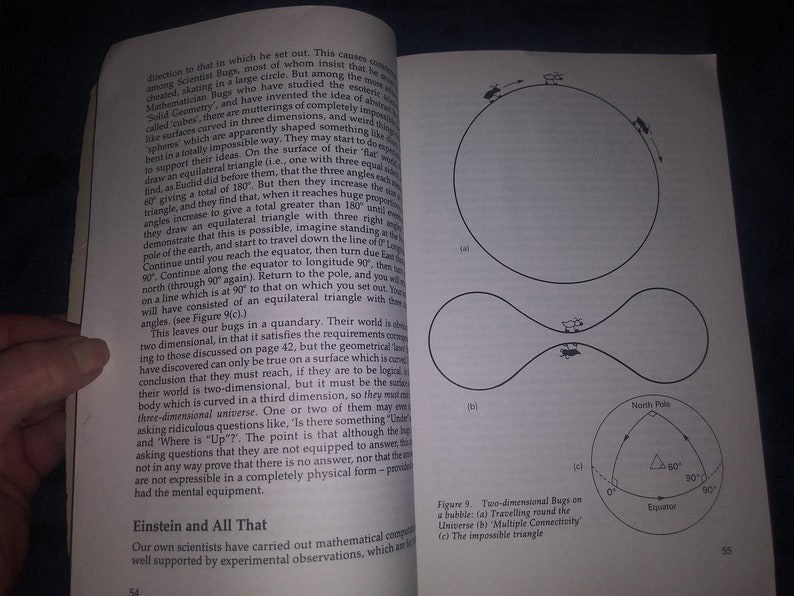 May include: A diagram illustrating the concept of a two-dimensional universe. The diagram shows a bubble with two bugs traveling around it, a bubble with two bugs traveling through a connected space, and a triangle with three 90-degree angles.