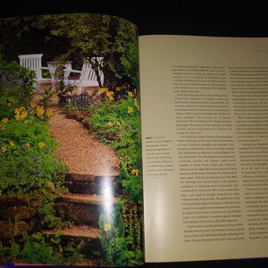 May include: A winding stone path leads through a lush garden with vibrant green foliage, yellow flowers, and two white wooden chairs. The path is surrounded by a variety of plants and flowers, creating a serene and inviting atmosphere.
