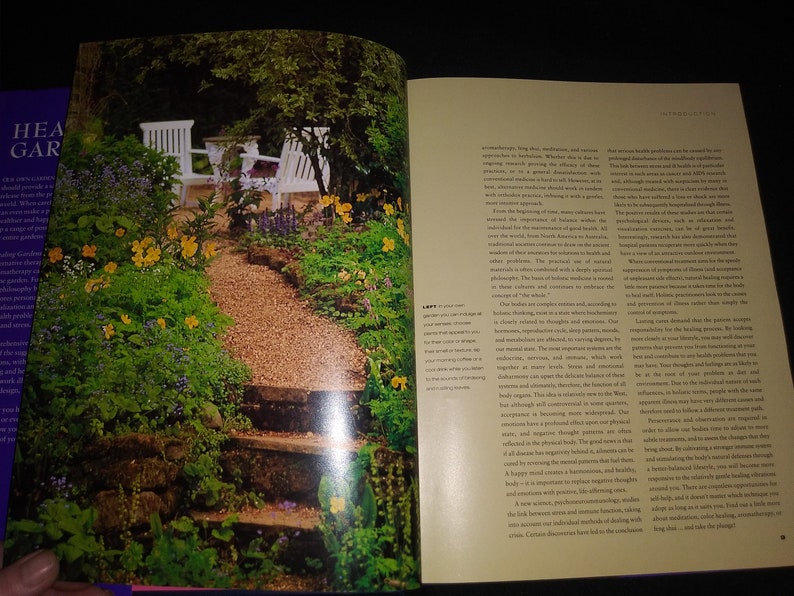 May include: A winding stone path leads through a lush garden with vibrant green foliage, yellow flowers, and two white wooden chairs. The path is surrounded by a variety of plants and flowers, creating a serene and inviting atmosphere.