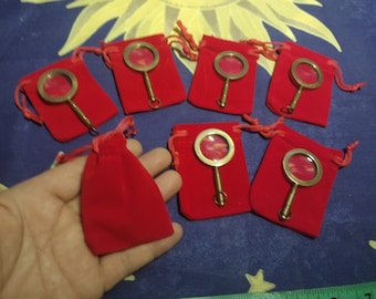 Può includere: Sette piccoli sacchetti di velluto rosso con coulisse, ognuno contenente una lente d'ingrandimento in ottone con una lente rotonda. I sacchetti sono disposti su una superficie con motivo blu e giallo.