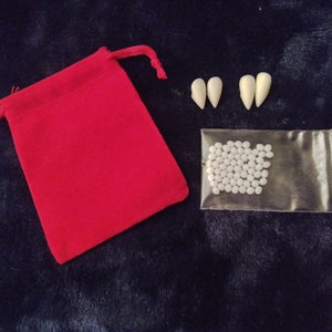 Resin Vampire Fangs~2 pairs~4 Fangs Total-With bonus adhesive dental Pellets and Velvet Storage Bag or Replacement Glue Pellets