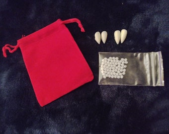 Resin Vampire Fangs~2 pairs~4 Fangs Total-With bonus adhesive dental Pellets and Velvet Storage Bag or Replacement Glue Pellets