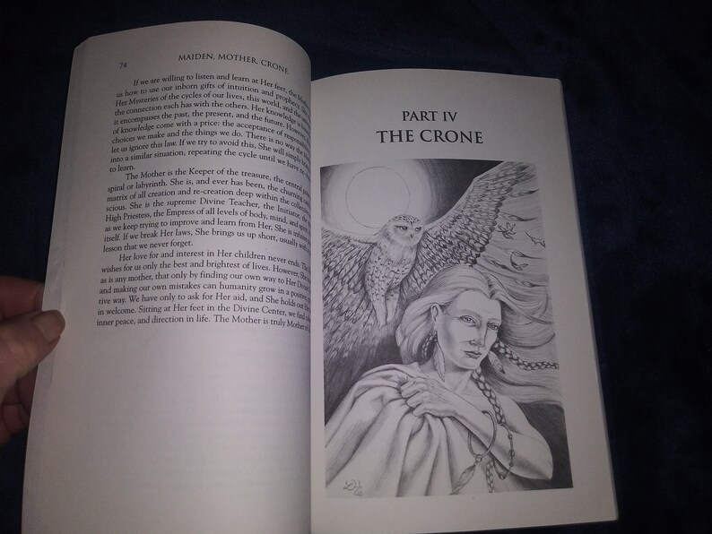 May include: A black and white illustration of a woman with long hair and a bird perched on her shoulder. The woman is wearing a long robe and has her arms crossed. The text "PART IV THE CRONE" is printed in black at the top of the page.
