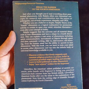 May include: Book cover with a blue background and white text. The title is "Break the Barrier to the Fourth Dimension". The book explores paranormal phenomena and the concept of a fourth dimension.