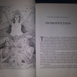 May include: A black and white illustration of a woman with a crown of stars and an owl. The text "Introduction" is at the top of the page. The text discusses the decline of ancient matriarchies and the rise of patriarchal societies.
