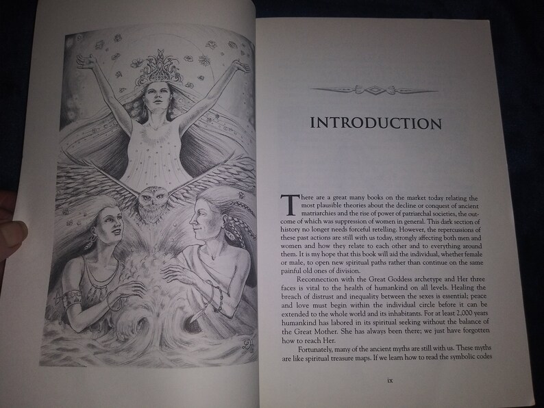 May include: A black and white illustration of a woman with a crown of stars and an owl. The text "Introduction" is at the top of the page. The text discusses the decline of ancient matriarchies and the rise of patriarchal societies.