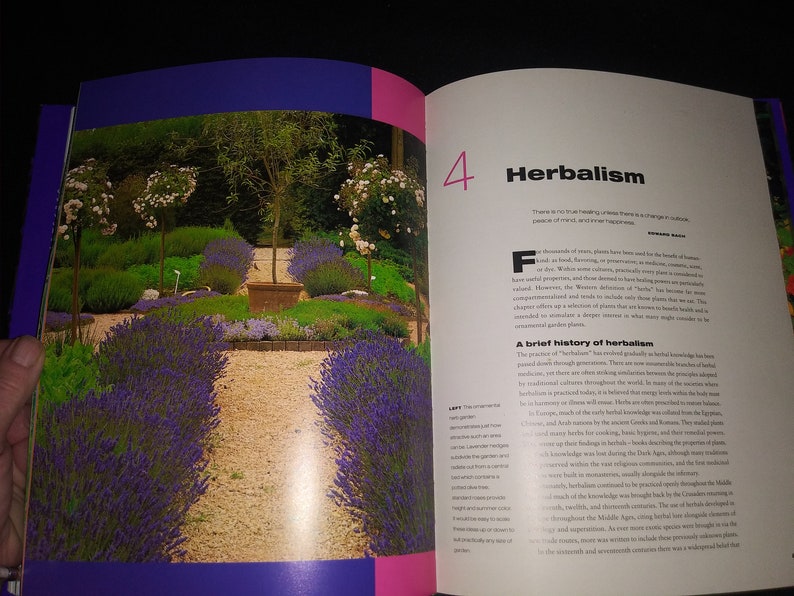 May include: A book open to a page about herbalism, with the number 4 highlighted. The page features text about the history of herbalism and a photo of a garden with lavender plants and a stone path.