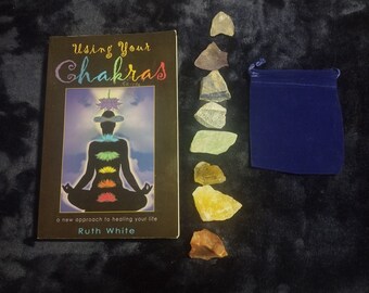Chakra Stones-Chakra book by Ruth White Book, Raw Crystals in Velvet Bag