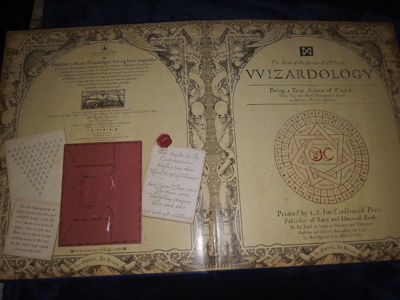 May include: An open book, "Wizardology", with intricate illustrations and text. The cover displays ornate designs, skulls, and a central circular emblem. Includes a red leather insert and handwritten notes.