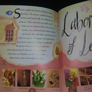 May include: Open book with a pink background and the title "Labor of Love". The book features illustrations of various ingredients and tools used in spells for family harmony and fertility. The text on the page describes the spells and their purpose.