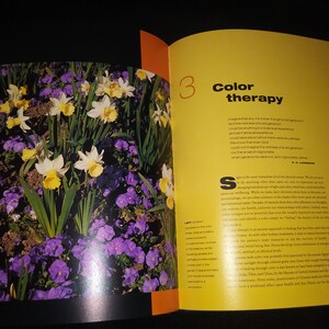 May include: An open book with a yellow page showing the text "Color therapy". The text describes the use of color in healing. The opposite page shows a close-up of a garden with purple and yellow flowers.