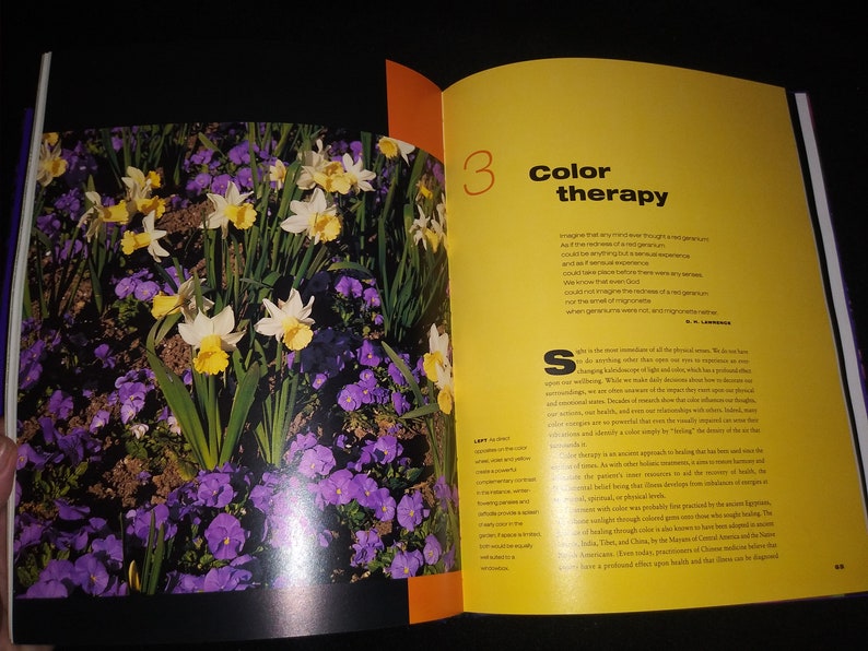 May include: An open book with a yellow page showing the text "Color therapy". The text describes the use of color in healing. The opposite page shows a close-up of a garden with purple and yellow flowers.