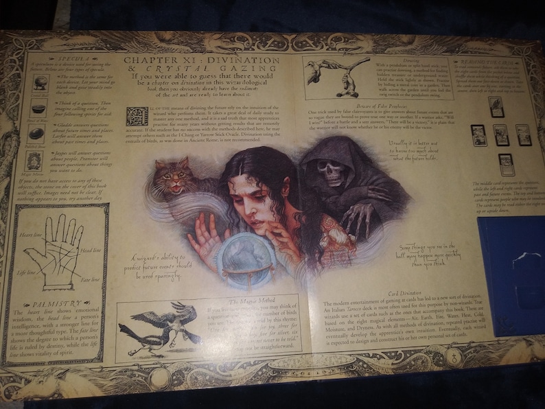 May include: A detailed book page on divination and crystal gazing, featuring illustrations of a woman with a crystal ball, a cat, and a Grim Reaper. Text includes "Palmistry" and "Specula". Measurements are not applicable.