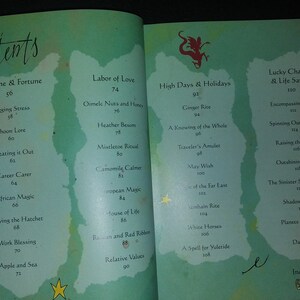 May include: An open book with a green and blue watercolor background. The book's contents page lists various topics, including "Fame & Fortune", "Labor of Love", "High Days & Holidays", and "Lucky Charms & Life Savers".