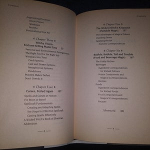 May include: A book titled "The Wicked Witch's Grimoire" with a table of contents listing chapters on topics such as fortune-telling, curses, portable magic, and food and beverage magic.
