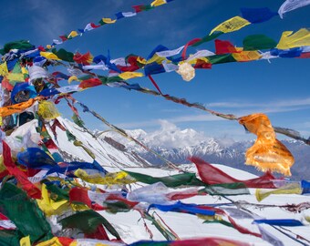 Colorful Nepali Prayer Flags on Annapurna Circuit - Nepal trekking, hiking in nepal, colorful prayer flags, vibrant nepal