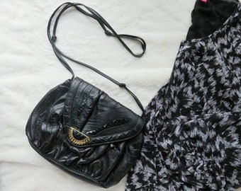 Vintage 90's Sharif Patchwork Embossed Croc Snakeskin Genuine Leather Shoulder Purse Bag Black