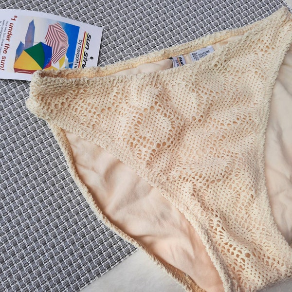 Vintage 90's Newport News Crochet Embroidered High Cut High Rise Bikini Bottom Swimsuit NWT Deadstock Yellow XS X-Small