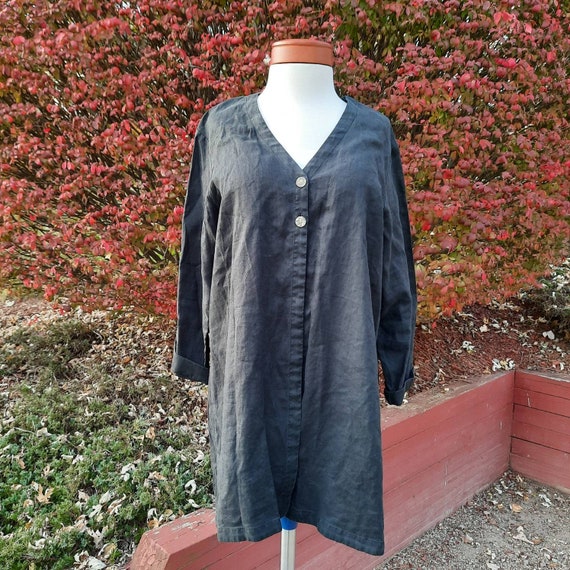 J. Jill Linen Kimono Caftan Layering Jacket Cardigan Loose Fit Lagenlook  Vintage 90's Button Top Long Longline Tunic Black Medium 