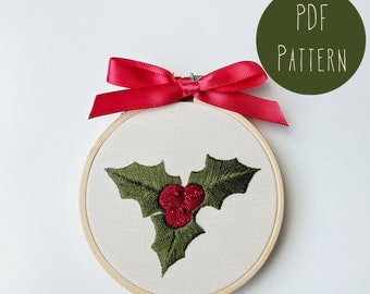 Christmas Holly Embroidery Pattern. Christmas ornament DIY. Christmas gift. Catholic embroidery pattern. Beginner embroidery pattern