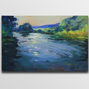 River landscape - modern original oil painting River flow Horizontal river painting on canvas Signed oil painting