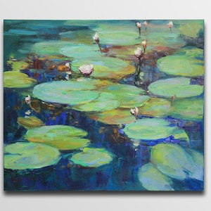 Water lily paintings abstract, lotus painting, oil pastel flower dark painting, house warming gift for women, lotus wall decor