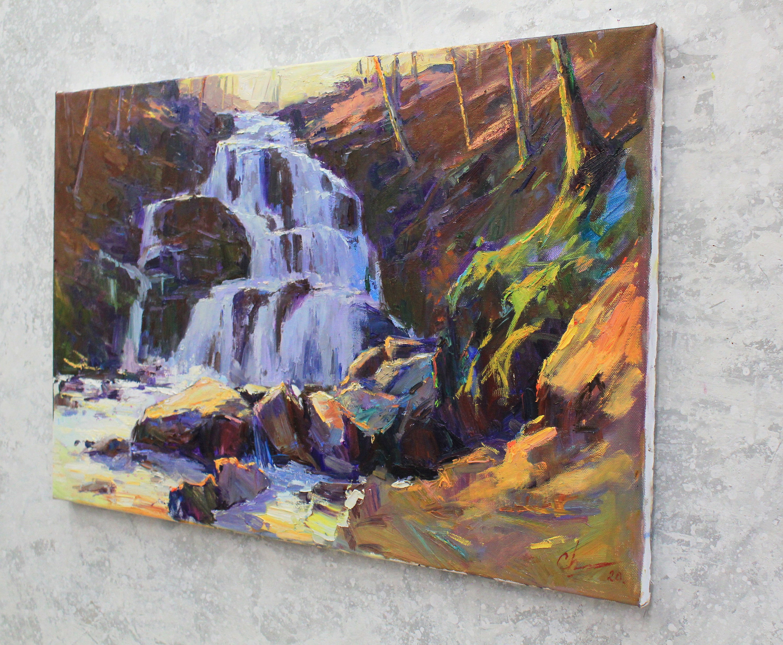 Original Oil Painting Waterfall Art Forest Waterfall Autumn Etsy