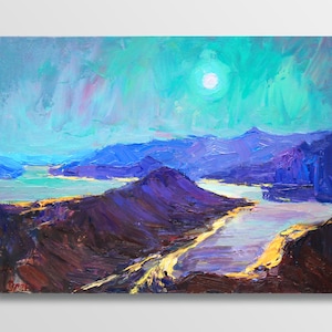 Plein air oil painting original, Night landscape Impressionism art, Full moon Sea landscape Rocky Mountain Oil seascape Unique birthday gift