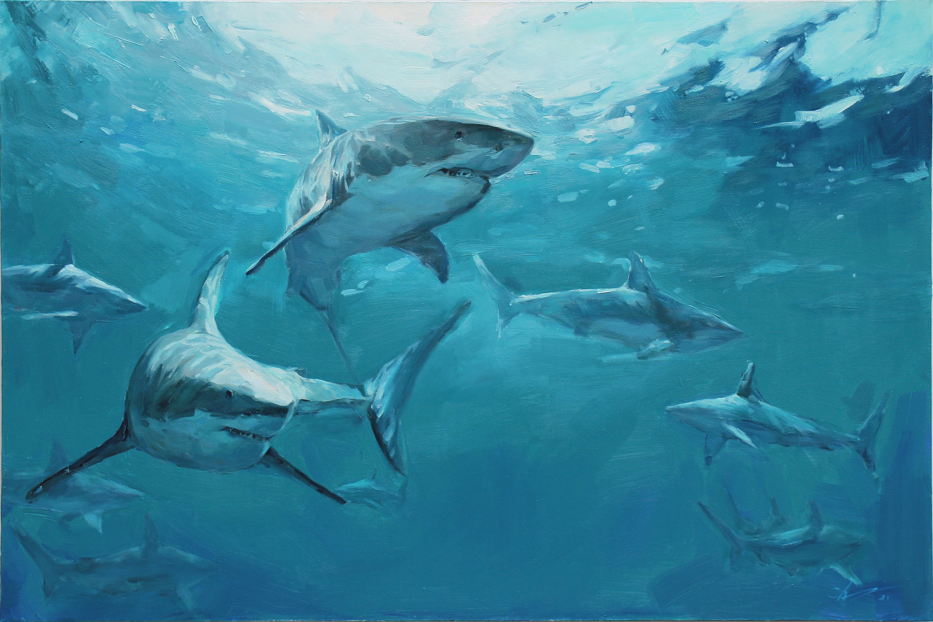 Shark Painting oil Undersea World Fish Art Canvas Large Etsy