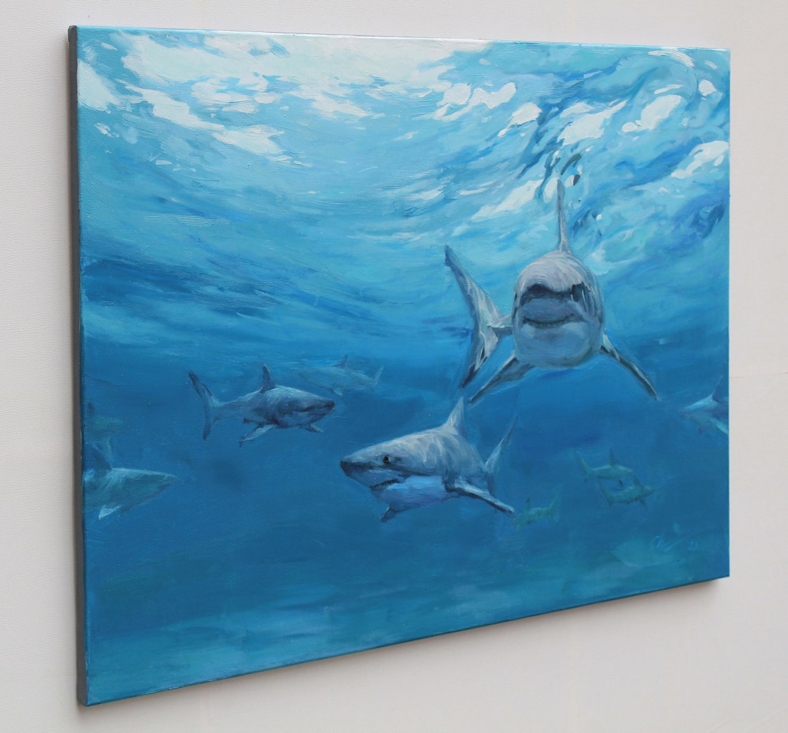 Original Painting Shark Painting oil Undersea World Fish Art Etsy