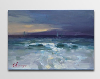 Landscape painting, small seascape oil painting, ocean art, Seascape, wave wall art, Sunset, Nautical wall decor
