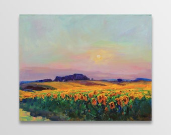 Oil painting original, Sunflowers, Floral painting, Sunflower Field fine art clouds, Sunset, impressionism art Plein air painting Wall decor