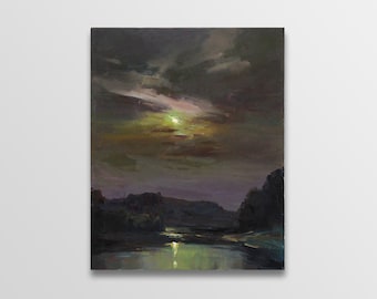 Night sky view painting Full moon oil painting original Halloween painting Moon river Living room painting Night Landscape lake painting