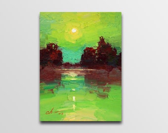 River art, Green oil painting, night sky, cloud art, river art, moon painting, small landscape painting, horizontal kitchen wall art