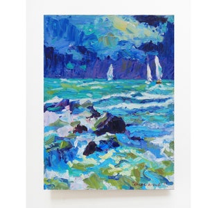 Vertical seascape painting - Original landscape painting textured Oil painting Storm painting Coastal living room