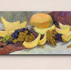 Melon art - Original still life oil painting, kitchen fruit painting colorful oil painting of Melon
