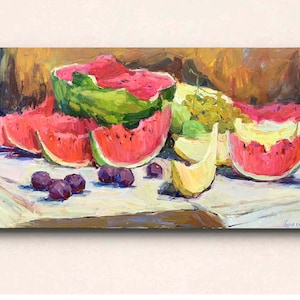 Watermelon art - Original still life oil painting, kitchen fruit painting colorful oil painting of watermelon