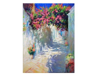 Santorini Griechisch - Original europäisches Landschaftsgemälde Impasto Blumenstraße strukturiertes Ölgemälde griechische Wandkunst