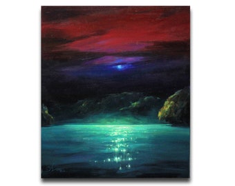 月明かりの海景 - 夜のオリジナル油絵、暗い海の風景、夜空の絵