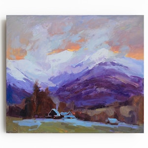 Winter barn in the mountain - Original oil landscape painting, evening mountain oil painting, Cabin mountains, rustic artwork