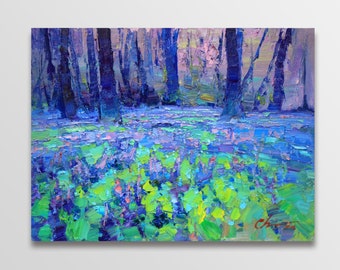 Forest oil painting, Spring landscape, trees, floral wall art, Blooming flowers, Spring forest, Wall decor