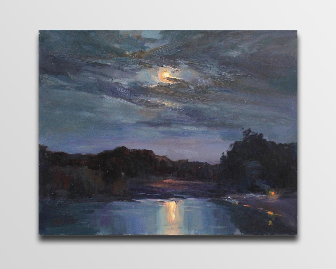 Night Sky Moon Oil Painting Original, Gothic Artwork, Moonlight Art ...